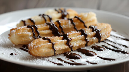 Delicious crispy churros with rich chocolate dipping sauce on a rustic plate overhead A churro, crispy and coated in cinnamon sugar, with a side of chocolate dipping sauce, Generative AI