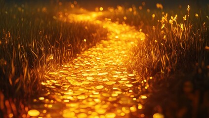 A road made of glowing gold coins leading into the distance, surrounded by grassland and forest, with lights shining on it.