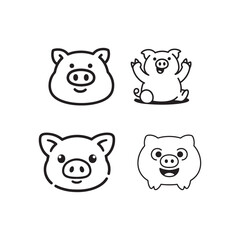 Cute pig outline vector illustration set