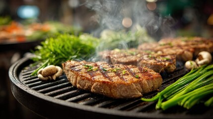 Delicious Grilled Steaks on a Hot Grill with Fresh Herbs and Mushrooms Perfect Summer BBQ Food