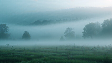 Fototapeta premium Misty morning scene of a meadow and forest with wisps of fog and atmospheric light
