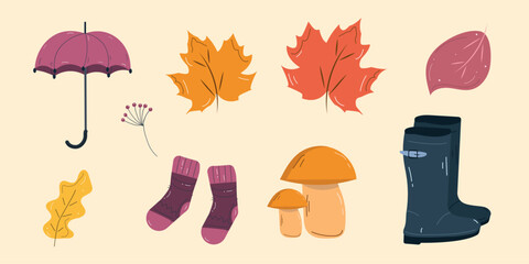 Autumn season element set. Leaves, mushrooms, umbrella, boots, socks, berry. Vector illustration