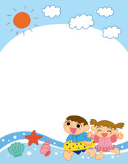 水着の子供と貝殻と青空のフレーム ベクター