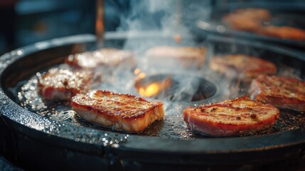 Delicious Grilled Pork Steaks Sizzling on a Hot Griddle Outdoors Enjoy the smoky aroma and perfect sear