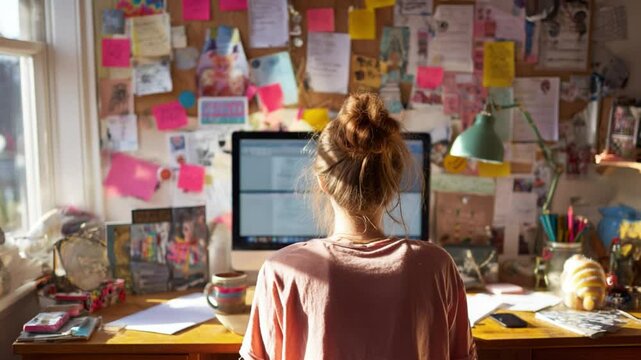 Focused Creation: A young woman with her back turned engrossed at her desk, illuminated by natural light, and surrounded by inspiring notes and personal effects, suggesting creativity and dedication.