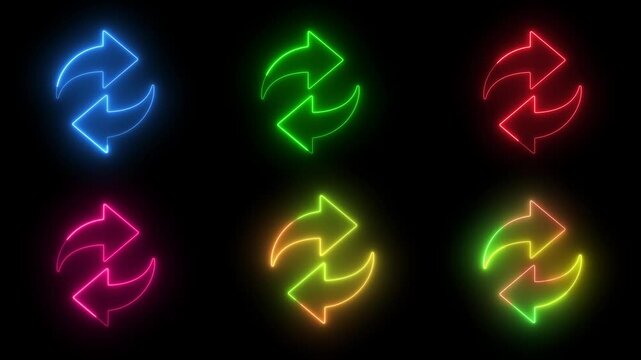 Animated neon refresh reload loop arrows icons bundle, glowing sets of circular update, swap icon or exchange symbol for digital technology, futuristic interfaces, and modern motion graphics projects