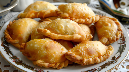 Delicious homemade empanadas served on a plate with dipping sauce accompaniment A plate of Indian empanadas with spices and lights in the background, Generative AI