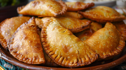 Delicious homemade empanadas served on a plate with dipping sauce accompaniment A plate of Indian empanadas with spices and lights in the background, Generative AI