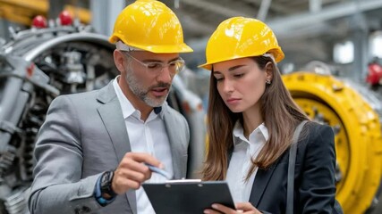 Industrial Collaboration: Two skilled engineers, adorned in hard hats, review blueprints in a bustling industrial setting. - Powered by Adobe