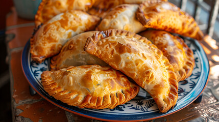 Delicious homemade empanadas served on a plate with dipping sauce accompaniment A plate of Indian empanadas with spices and lights in the background, Generative AI