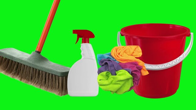 4K Home Cleaning Supplies Kit: Essential cleaning tools for a sparkling clean home, featuring a broom, spray bottle, cleaning cloths, and a bucket.