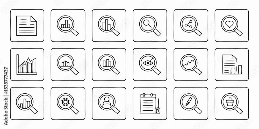 Poster collection of minimalist search icons illustrating data analysis business and marketing concepts