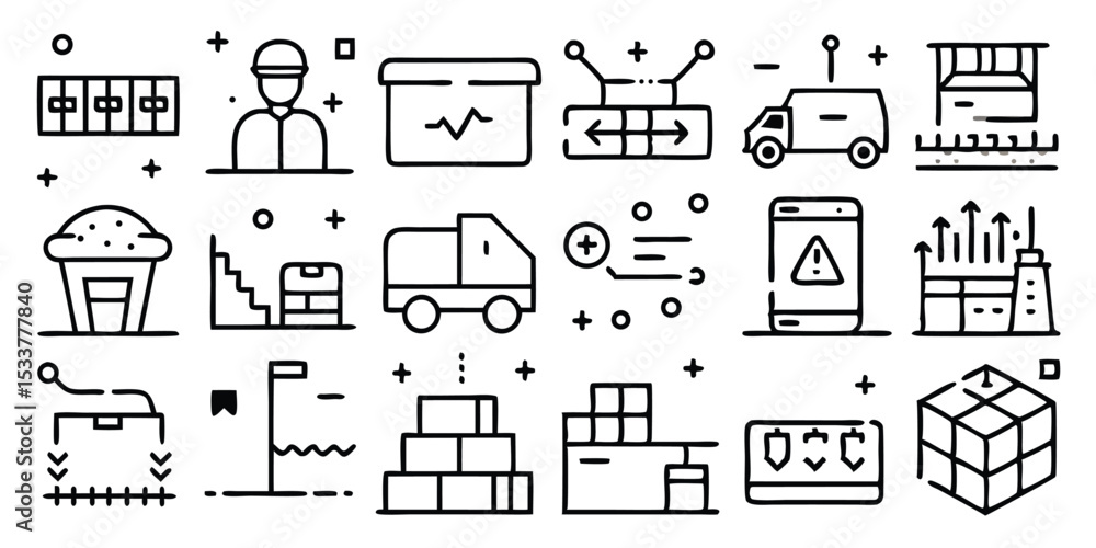 Poster collection of various simplified line art icons representing different concepts and symbols
