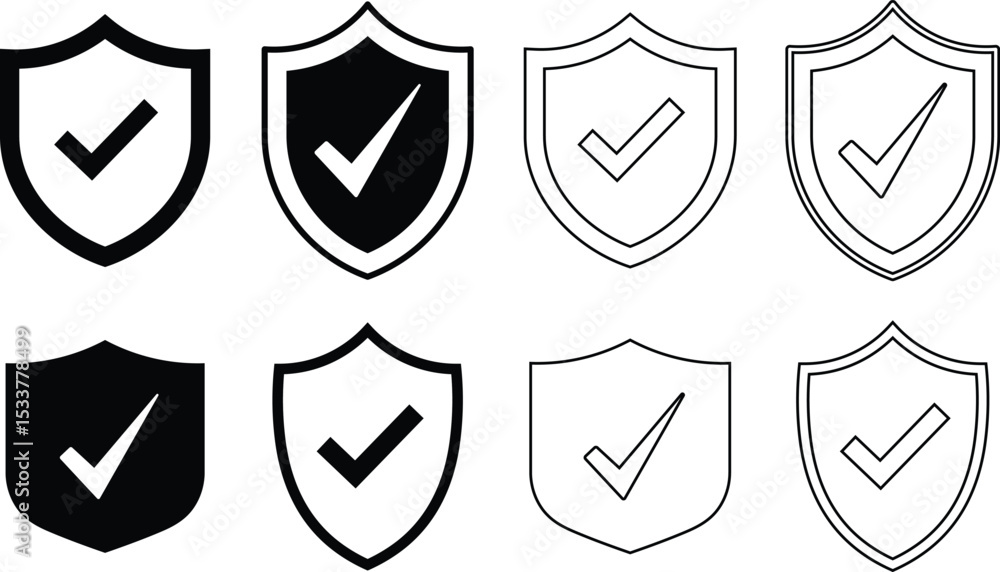 Poster collection of shield icons featuring check marks representing security and verification