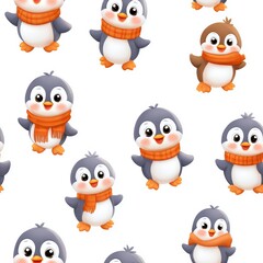 Adorable Cartoon Penguins in Winter Scarves for Seamless Pattern Design and Wrapping Paper Projects
