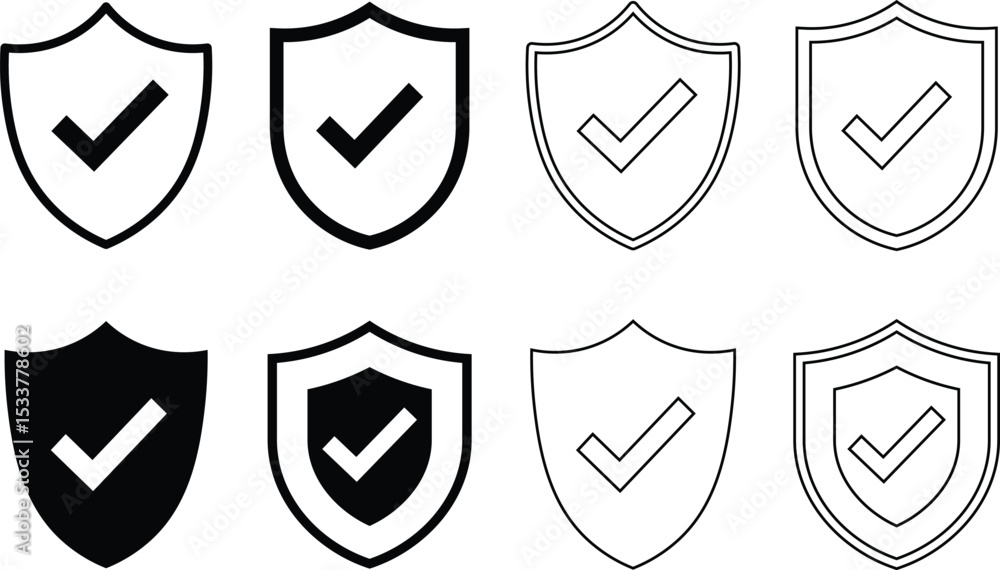 Poster set of simple vector shields with check marks signifying approval and protection