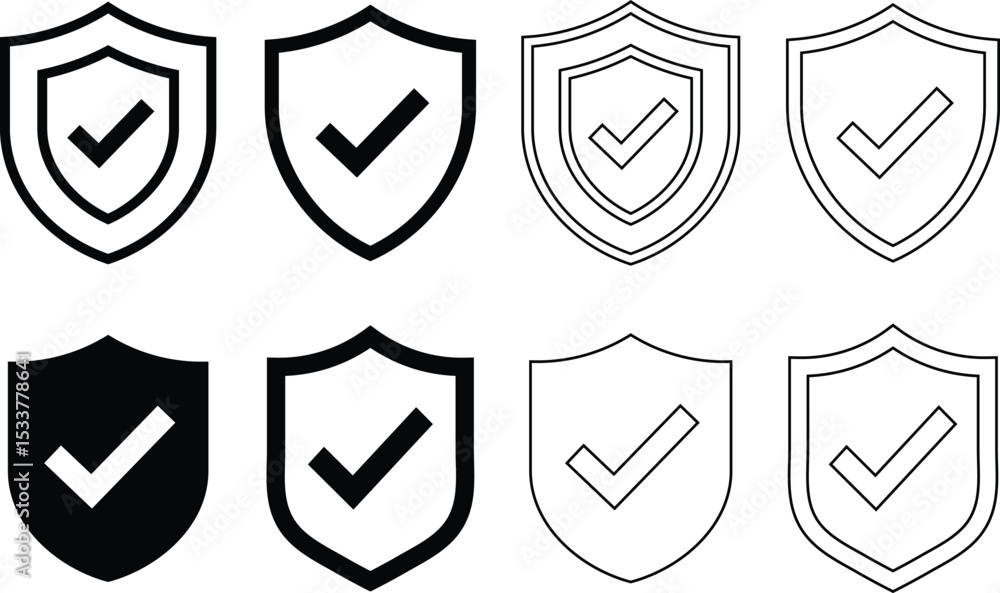 Poster various shield icons with checkmarks representing security approval and safety assurance concepts