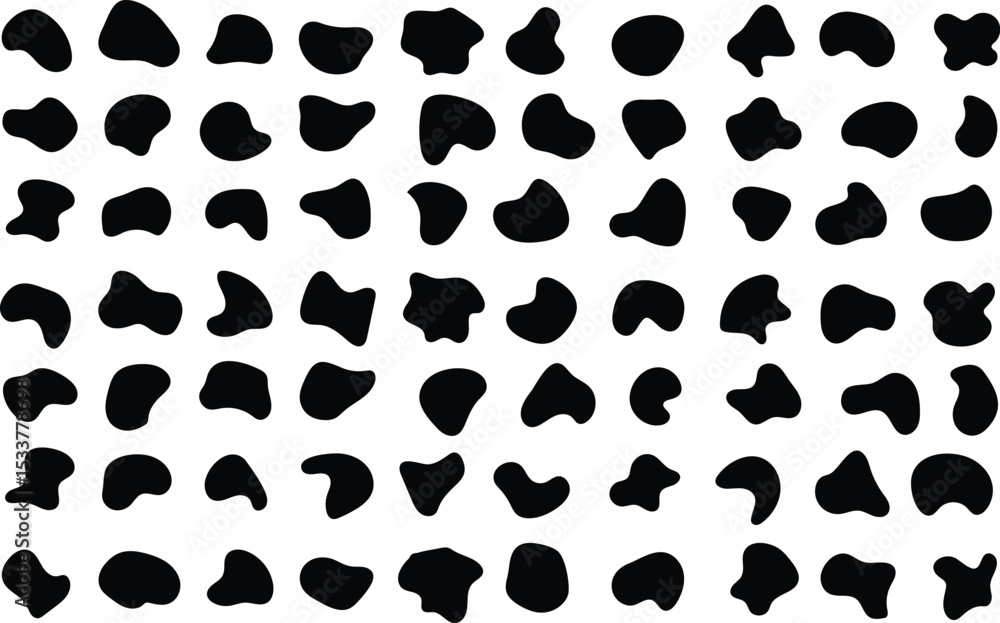 Poster abstract black blobs arranged in a grid against a white background for modern designs