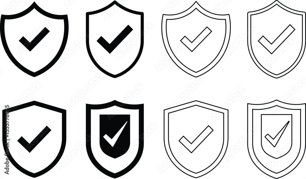 Poster collection of shield check mark symbols representing security protection and validation in different