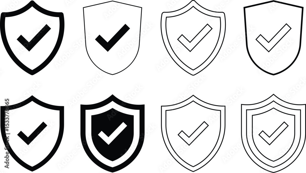 Poster collection of shield icons featuring a checkmark symbol representing security and approval