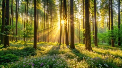 Obraz premium Golden Sunrise Illuminates a Lush Forest Floor with Wildflowers