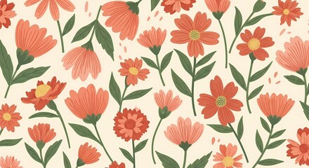 Delicate floral pattern with orange and pink blossoms and green leaves on a light background.