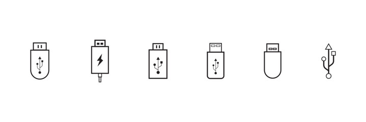  USB icon set, Usb flash drive symbol. Universal USB sign png and vector illustration on white background. Usb stick icon simple vector symbol.