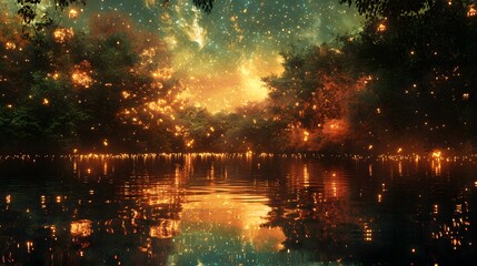 Mirror-like lake reflecting a fantastical twin realm glowing stars above and glowing lights beneath the water surreal magical landscape