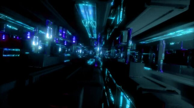 Abstract background 3D animation futuristic cyberspace, technological elements, snippets of digital data rotating in a space.