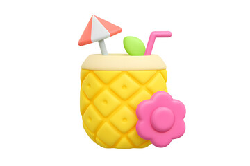 Tropical Pineapple Cocktail Icon with Flower and Umbrella on Transparent Background