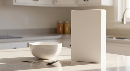 Blank white cereal box with bowl and spoon on kitchen counter