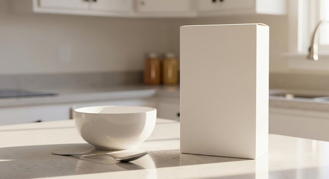 Blank white cereal box with bowl and spoon on kitchen counter