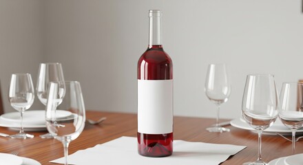 Red wine bottle with blank label on set dining table with glassware