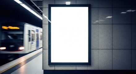 Blank lightbox advertisement in metro station with approaching subway train