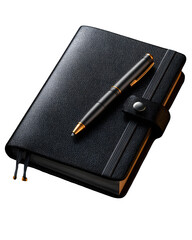 Black leather bound journal open with ink pen on side isolated on transparent background