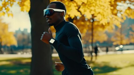 A young black man in innovative eyewear jogs through an autumn park, showcasing fitness technology and an active lifestyle in the city - Powered by Adobe