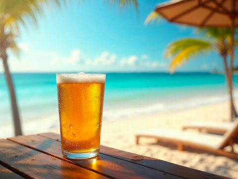 Refreshing draft beer by the sea under summer beach umbrella - Powered by Adobe