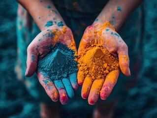 Hands holding piles of vibrant powder colors