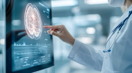 A doctor in a white coat and mask interacts with a digital brain scan on a transparent screen in a modern medical facility.