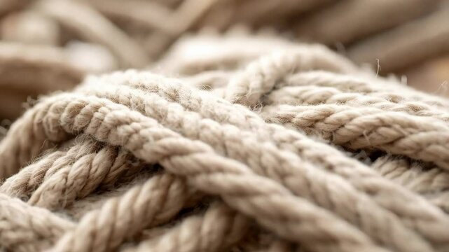 Detailed view of tightly wound tan colored ropes creating a woven texture with natural fibers forming a knotted pattern