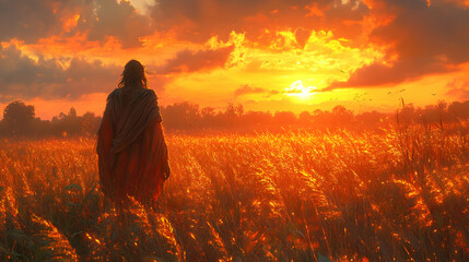 Obraz premium Sunset Serene: Digital Painting of a Figure in an Orange Field
