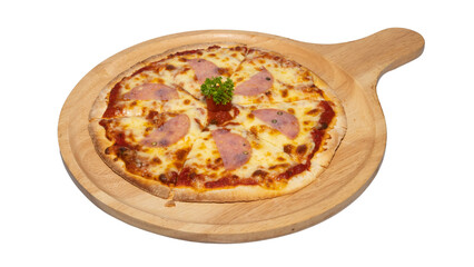 Salami Cheese Pizza on Wooden Tray, Topped with Tomato and Parsley