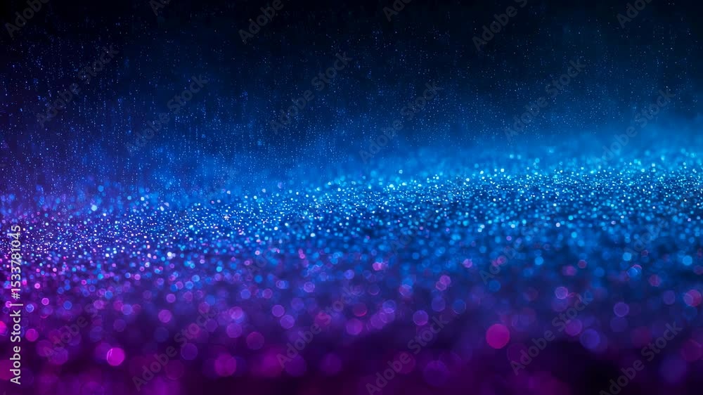 Poster glittering blue and purple bokeh particles creating an abstract sparkly background. festive shimmer 