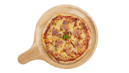 Salami Cheese Pizza on Wooden Tray, Topped with Tomato and Parsley