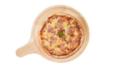 Salami Cheese Pizza on Wooden Tray, Topped with Tomato and Parsley