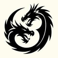 Tribal black dragon tattoo design illustration with wild animal head silhouette and wings