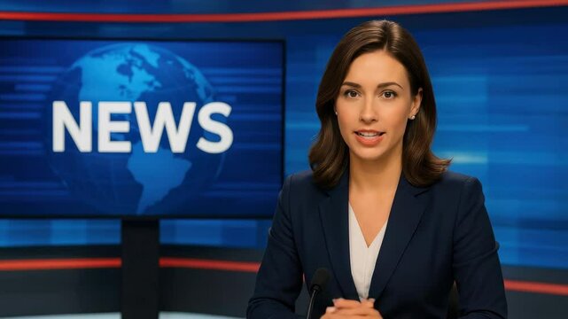 A news anchor in a studio setting, shot from a frontal camera angle, delivering a broadcast. The video conveys professionalism and authority.