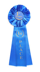 One blue award ribbon on white background, top view