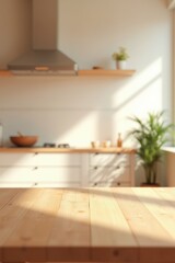 Empty wooden table in sunlit modern kitchen, for product display and food preparation