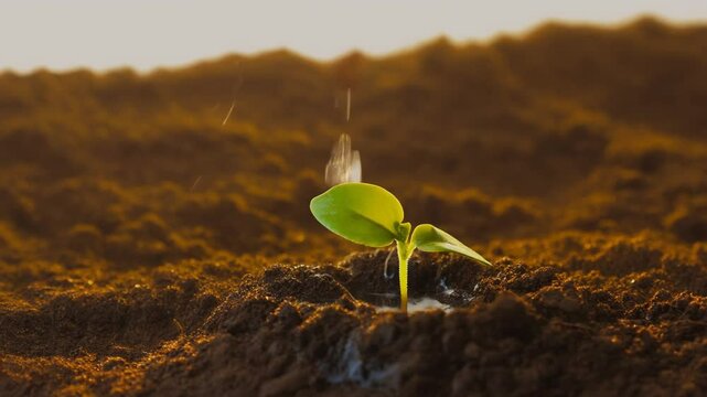 Close-up of a farmer's hand gently pouring water onto a small green seedling growing in fer